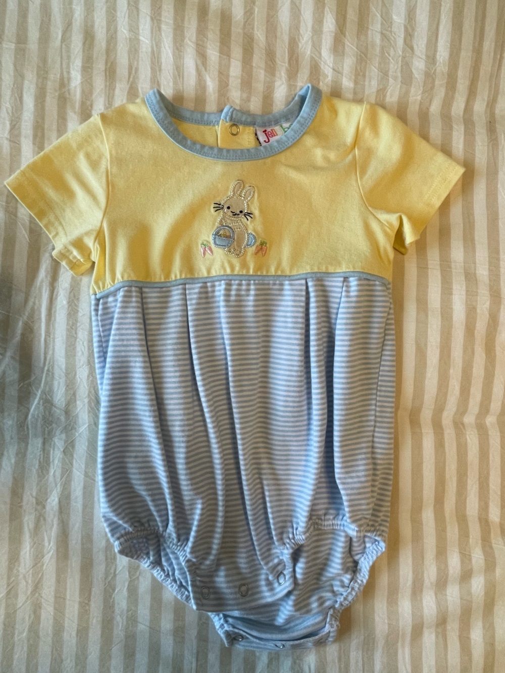 Jellybean Yellow & Light Blue Bunny Appliqué Short Sleeve Easter Romper